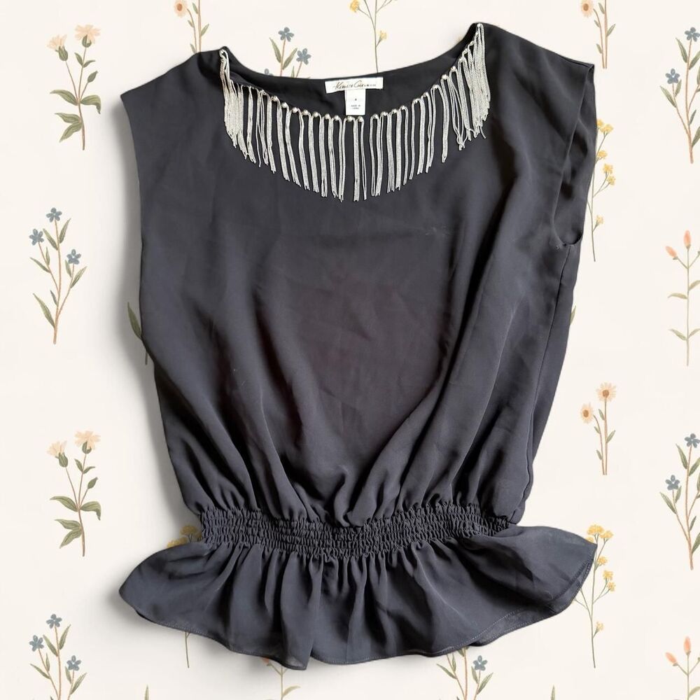 Whimsigoth Chain Fringe Black Sheer Smocked Going Out Top - Size 4
